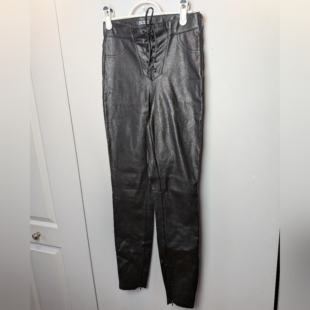 ZARA Simili Leather Legging Women Size XS Laces At Waist Black Color Side Zipper
